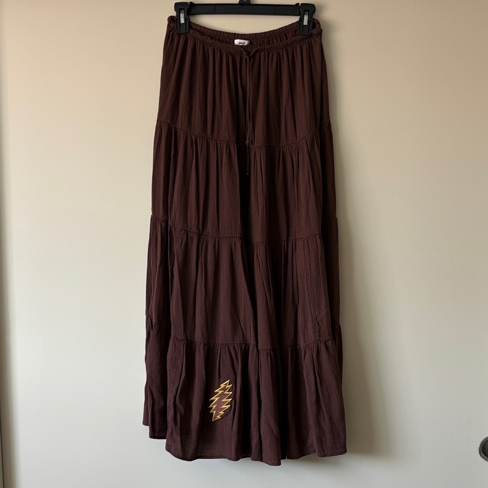 Grateful Dead inspired Chocolate Brown Tiered Maxi Skirt with 13 point bolt ⚡️